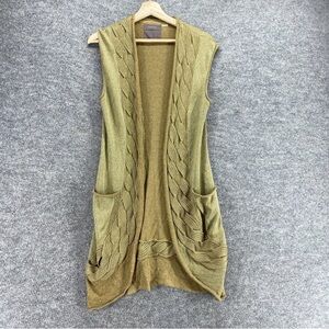 Anthro Guinevere olive green shimmery metallic long boho duster cardi vest Med